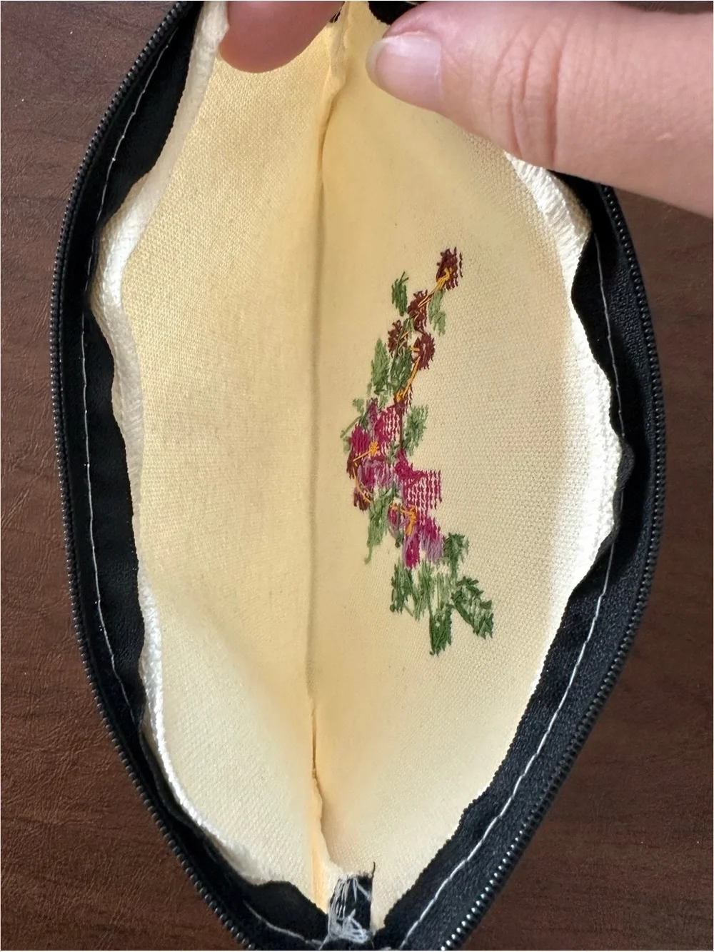 Floral Embroidered Cream Canvas Zip Pouch